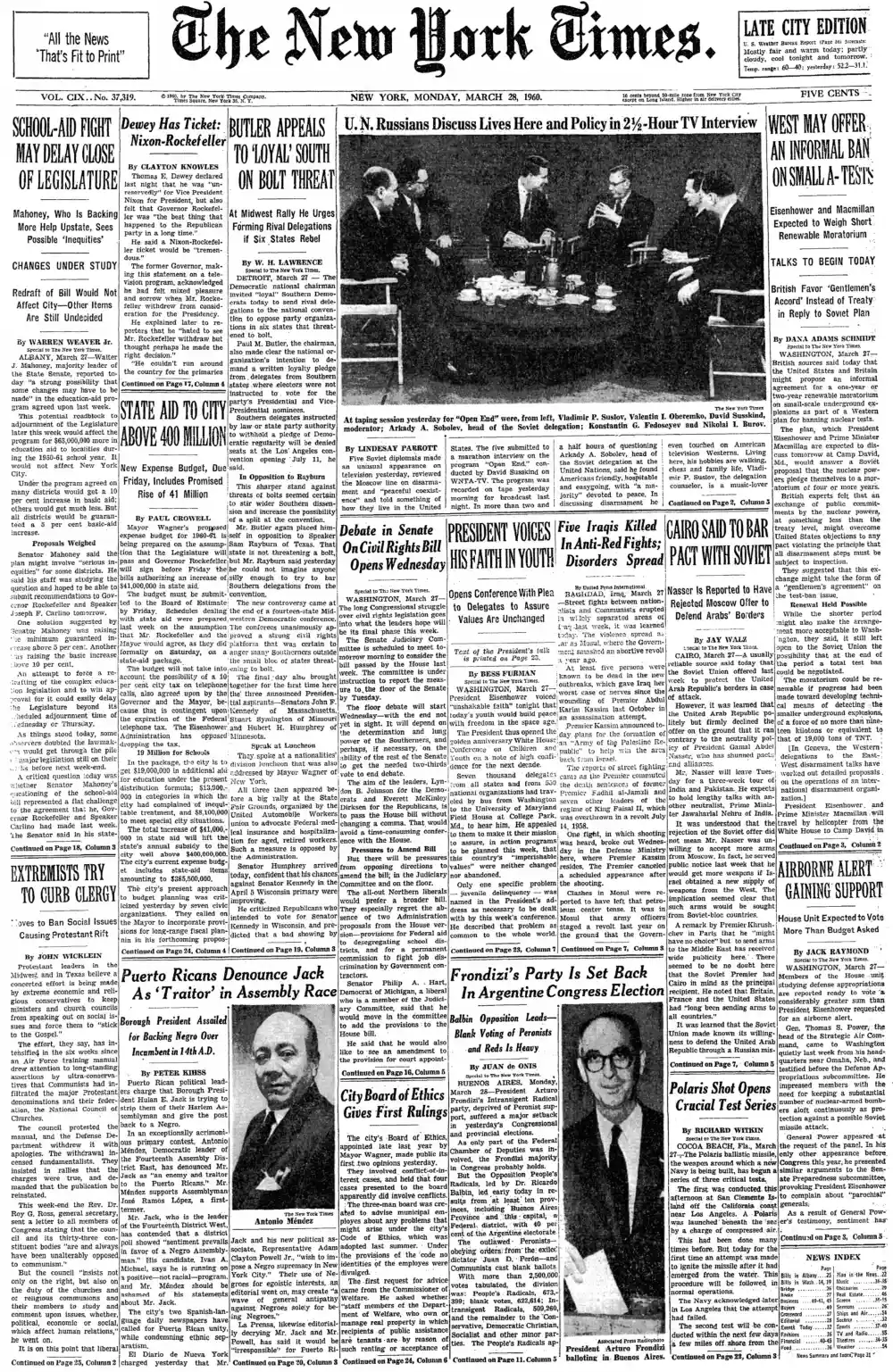 Monday, March 28, 1960 – The New York Times Front Page