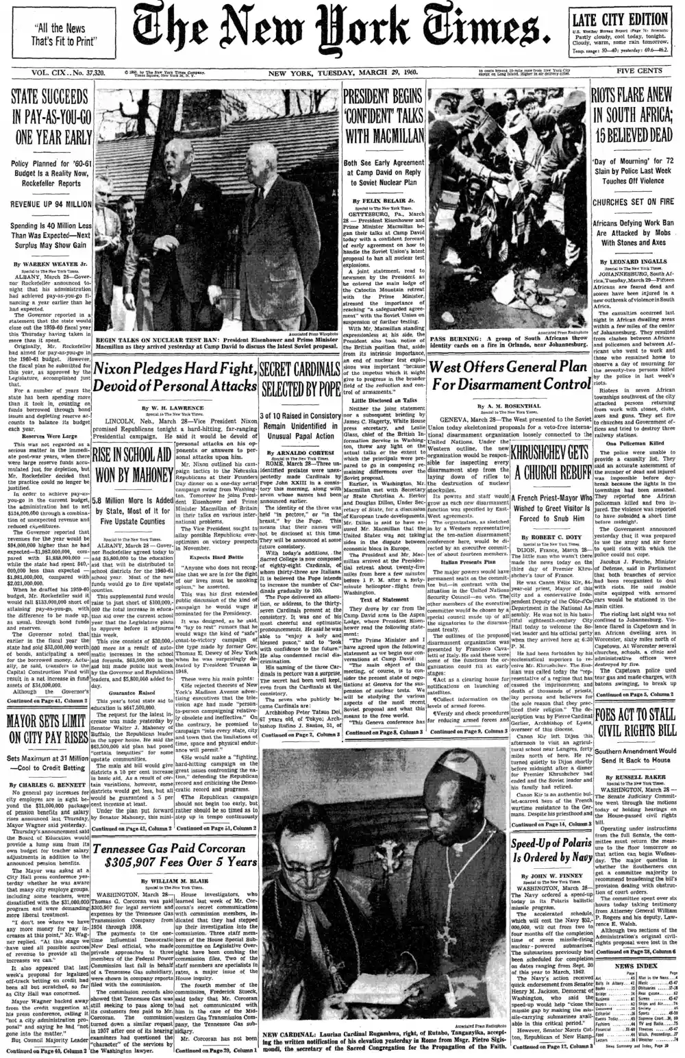 Tuesday, March 29, 1960 – The New York Times Front Page