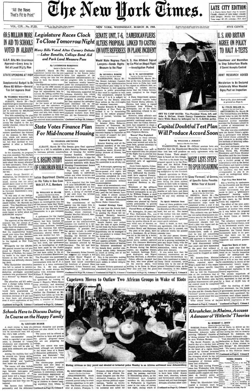 Wednesday, March 30, 1960 – The New York Times Front Page