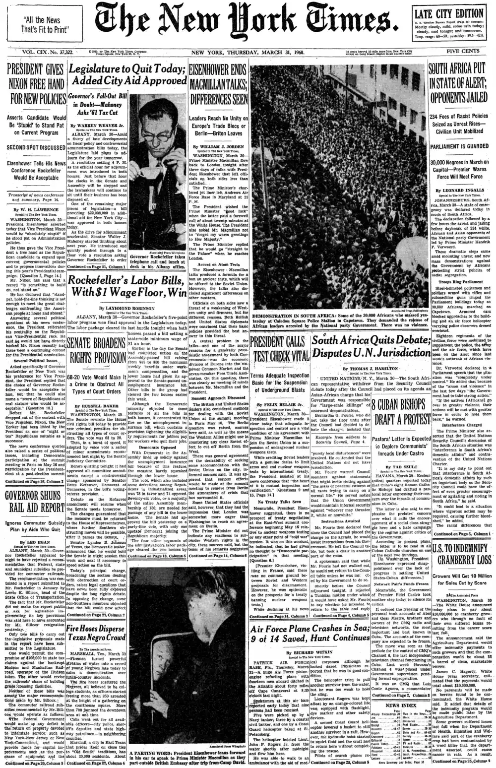 Thursday, March 31, 1960 – The New York Times Front Page
