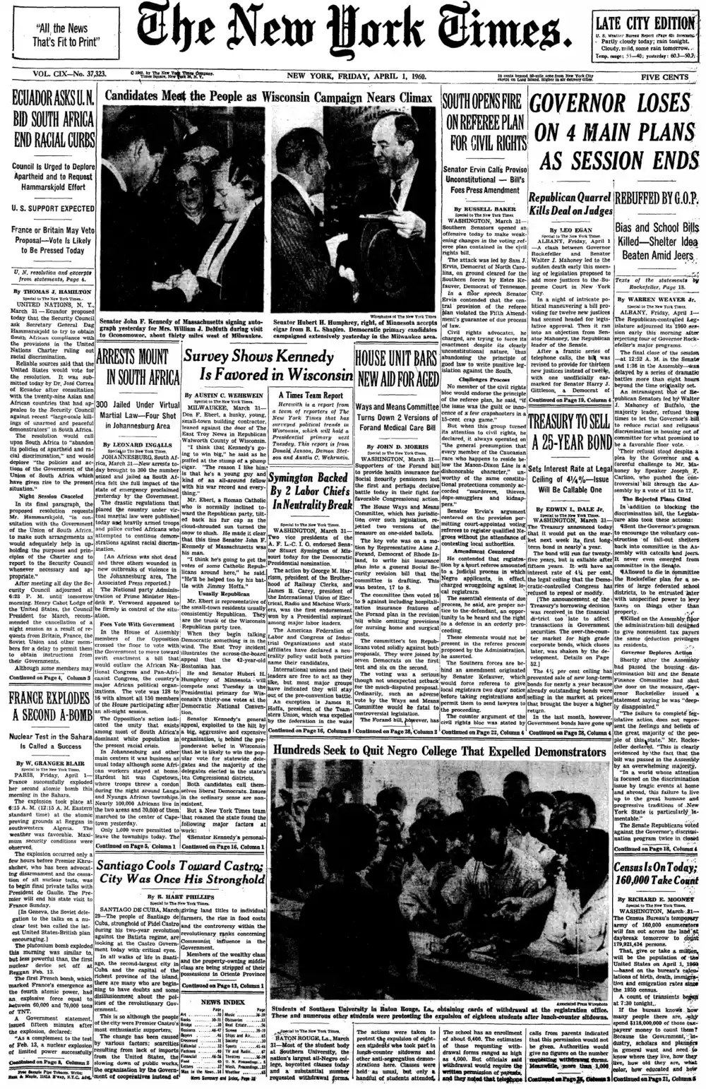 Friday, April 1, 1960 – The New York Times Front Page