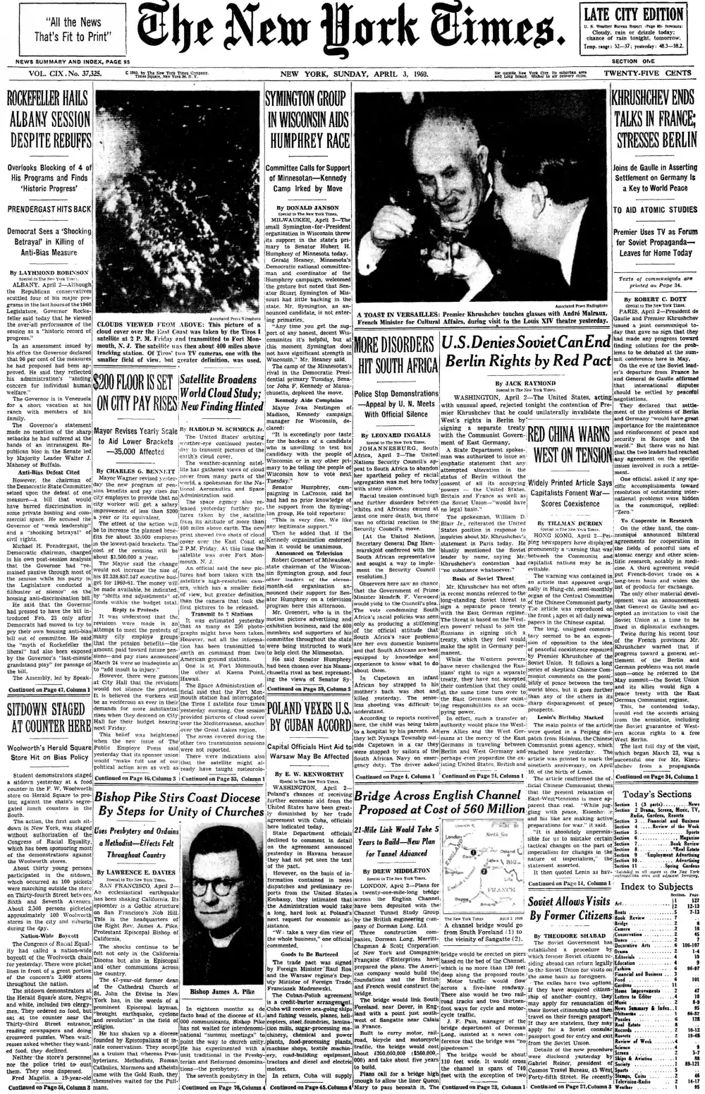 Sunday, April 3, 1960 – The New York Times Front Page