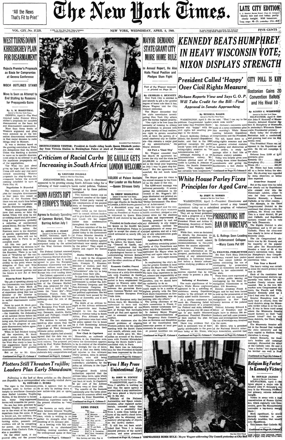 Wednesday, April 6, 1960 – The New York Times Front Page