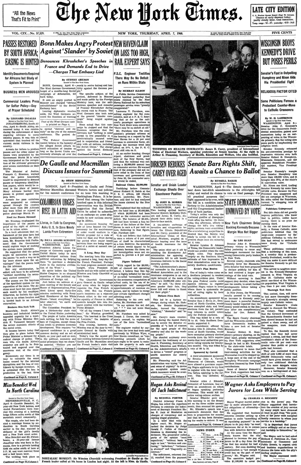 Thursday, April 7, 1960 – The New York Times Front Page