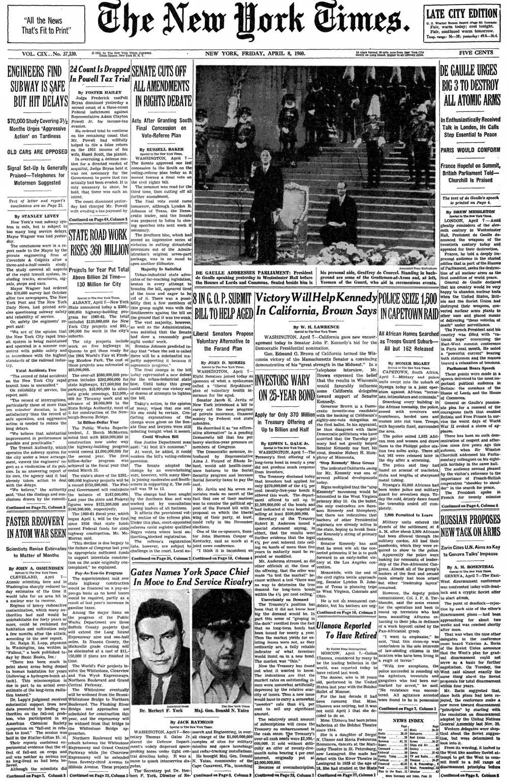 Friday, April 8, 1960 – The New York Times Front Page