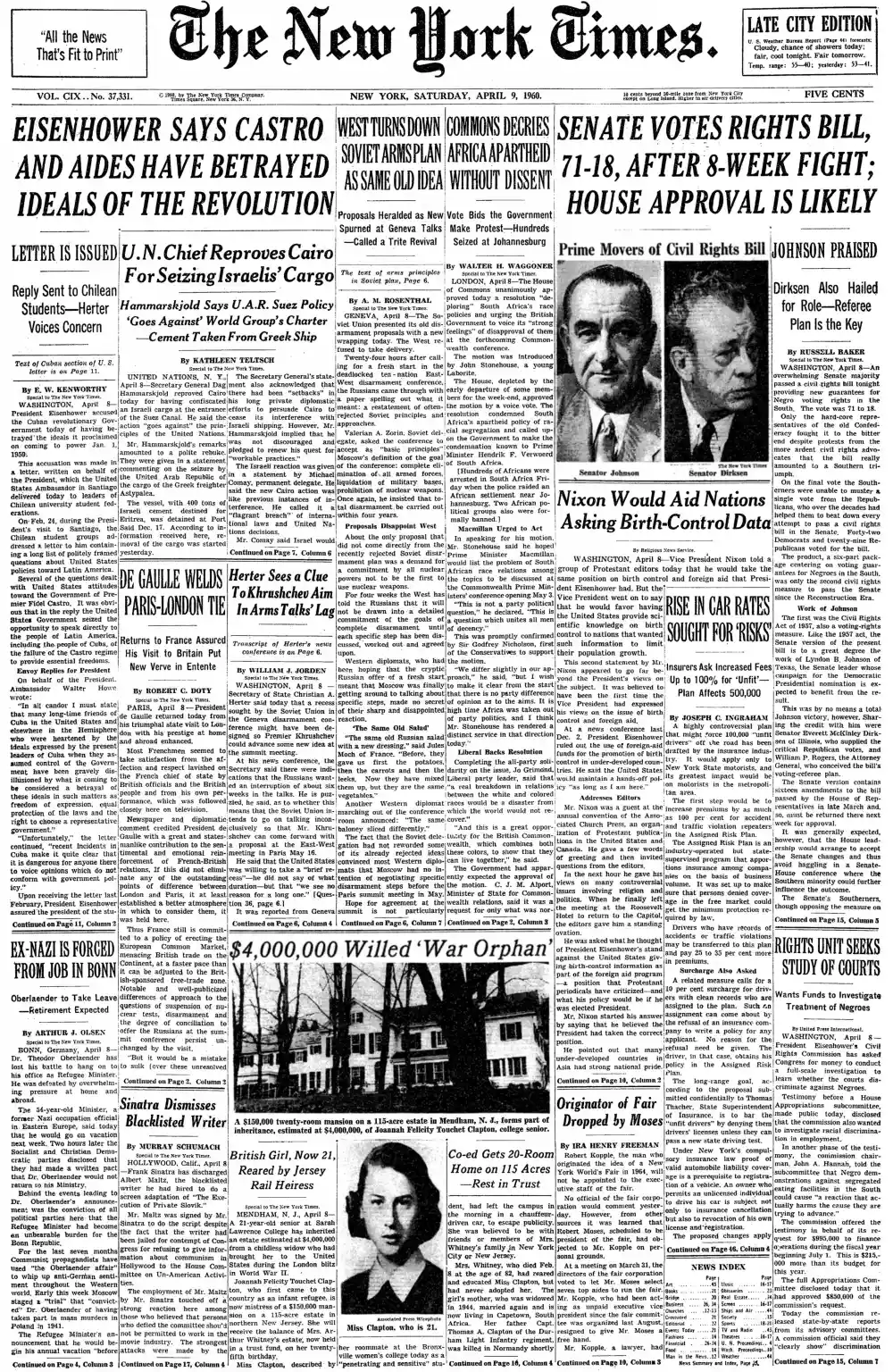 Saturday, April 9, 1960 – The New York Times Front Page