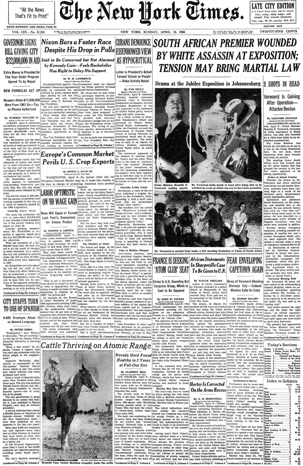 Sunday, April 10, 1960 – The New York Times Front Page