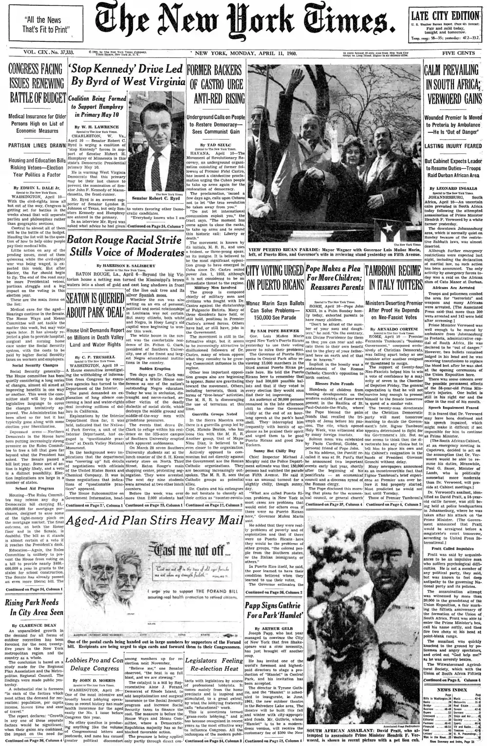 Monday, April 11, 1960 – The New York Times Front Page