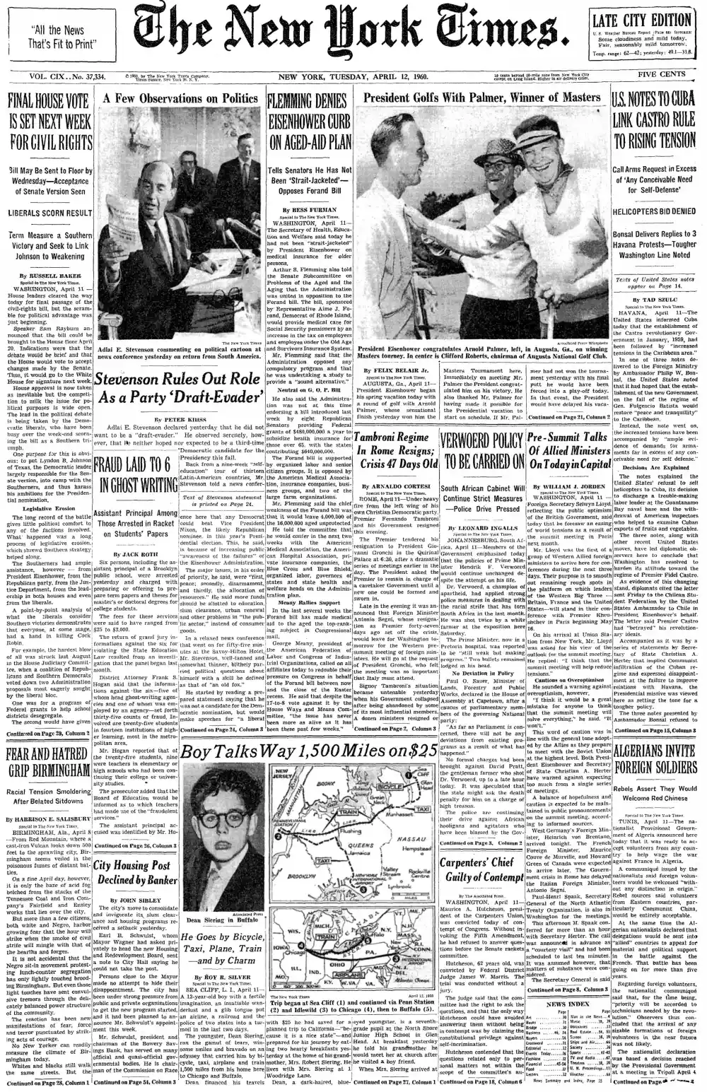 Tuesday, April 12, 1960 – The New York Times Front Page