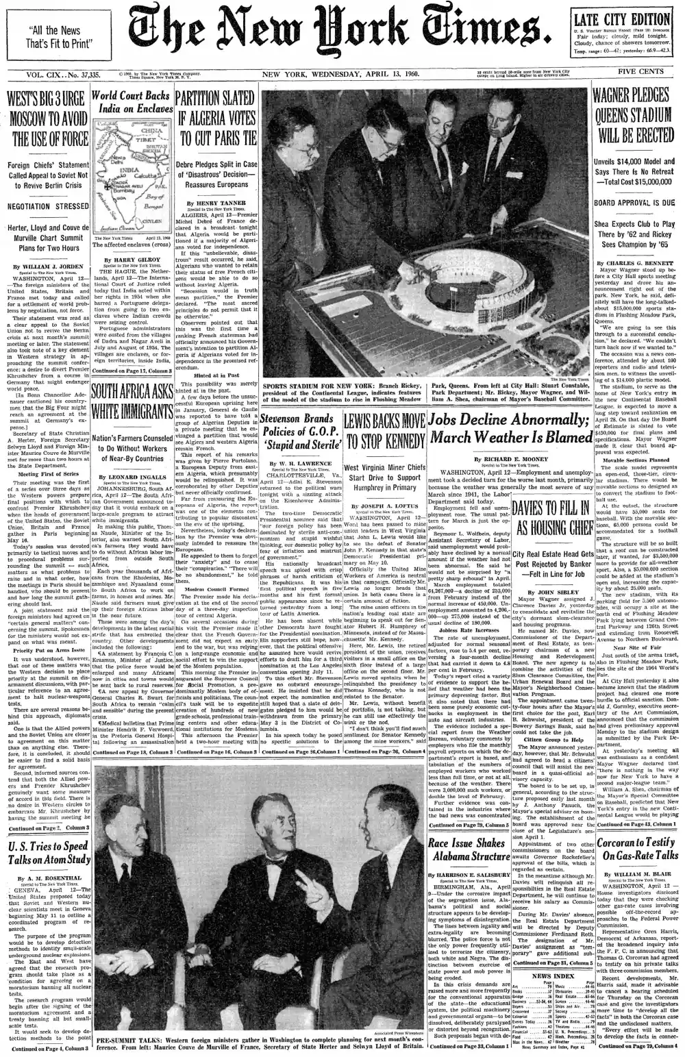 Wednesday, April 13, 1960 – The New York Times Front Page