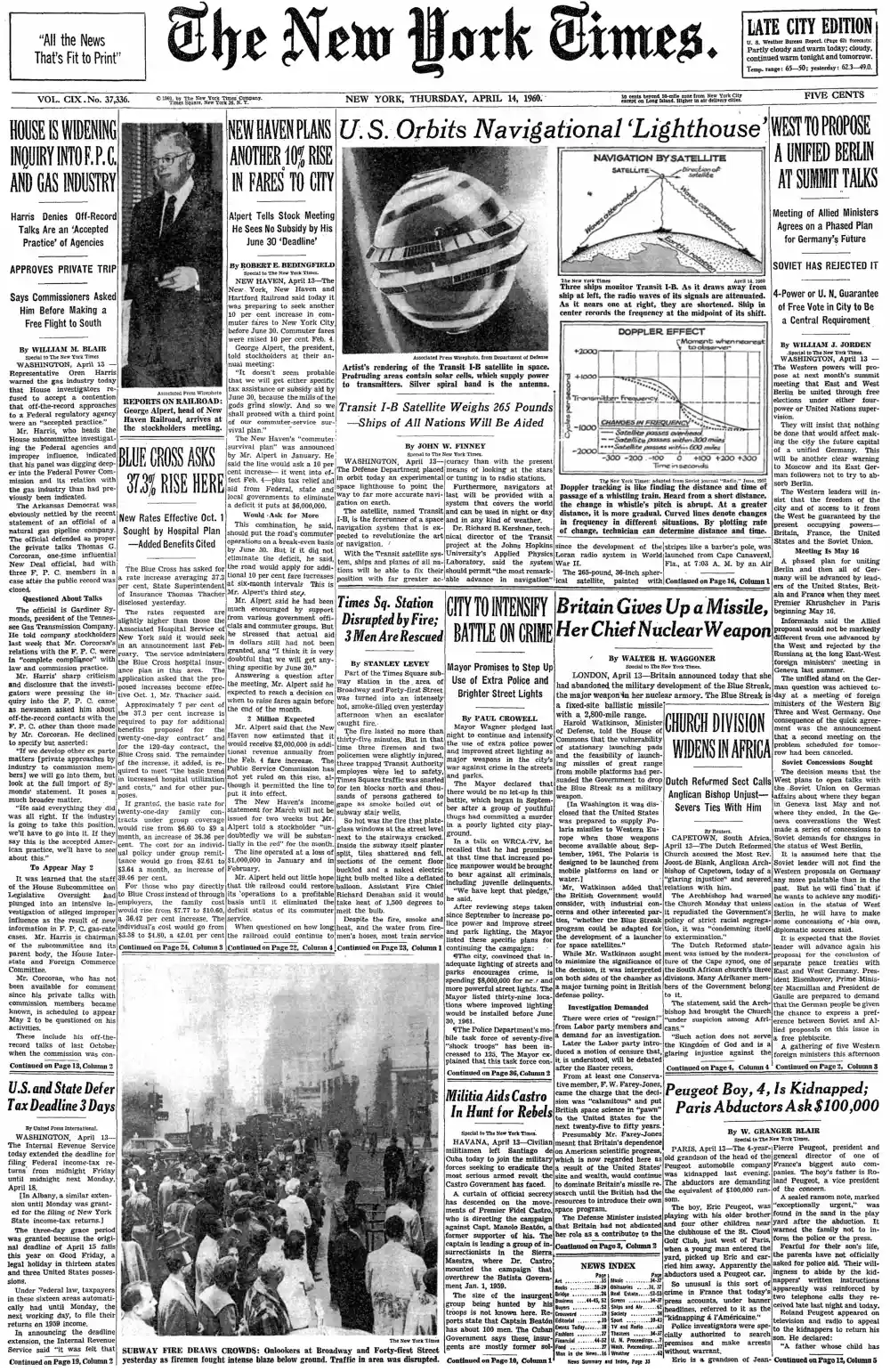 Thursday, April 14, 1960 – The New York Times Front Page