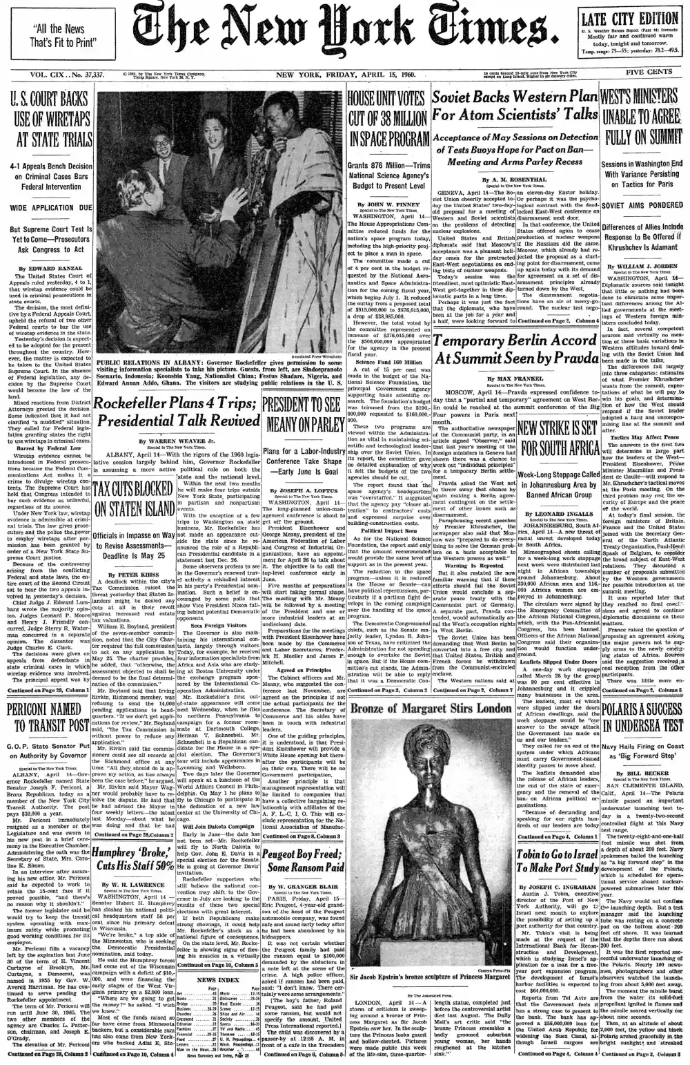 Friday, April 15, 1960 – The New York Times Front Page