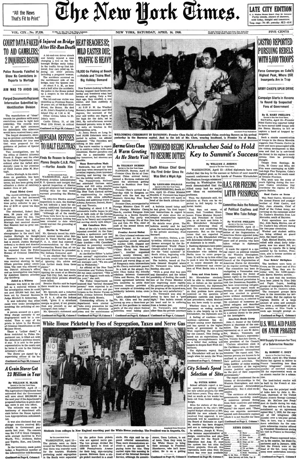 Saturday, April 16, 1960 – The New York Times Front Page