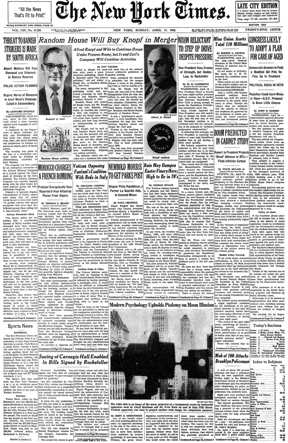 Sunday, April 17, 1960 – The New York Times Front Page