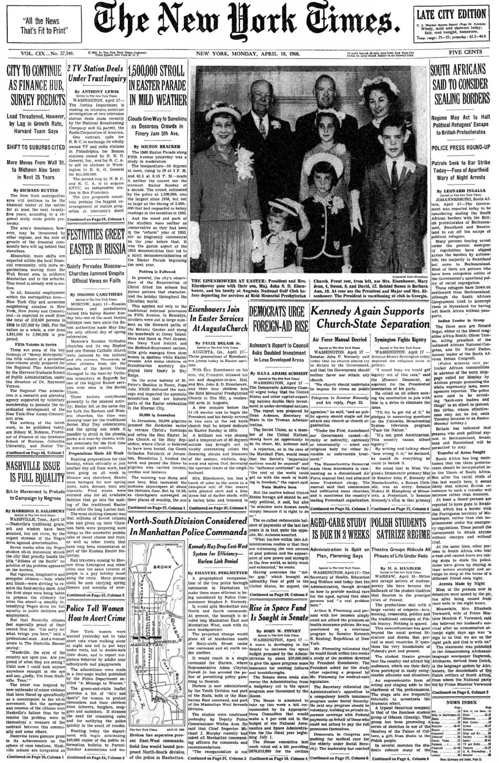 Monday, April 18, 1960 – The New York Times Front Page
