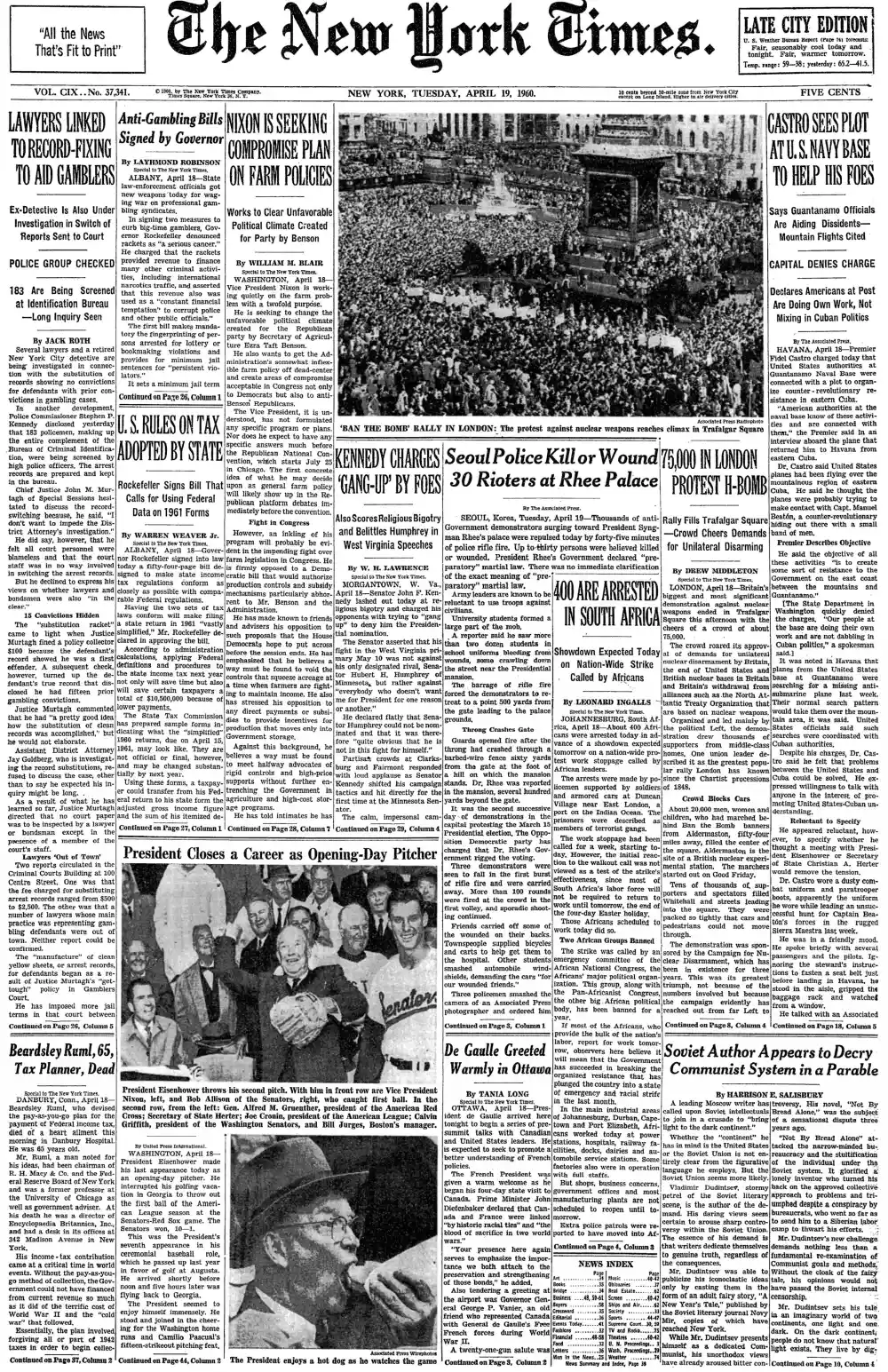 Tuesday, April 19, 1960 – The New York Times Front Page