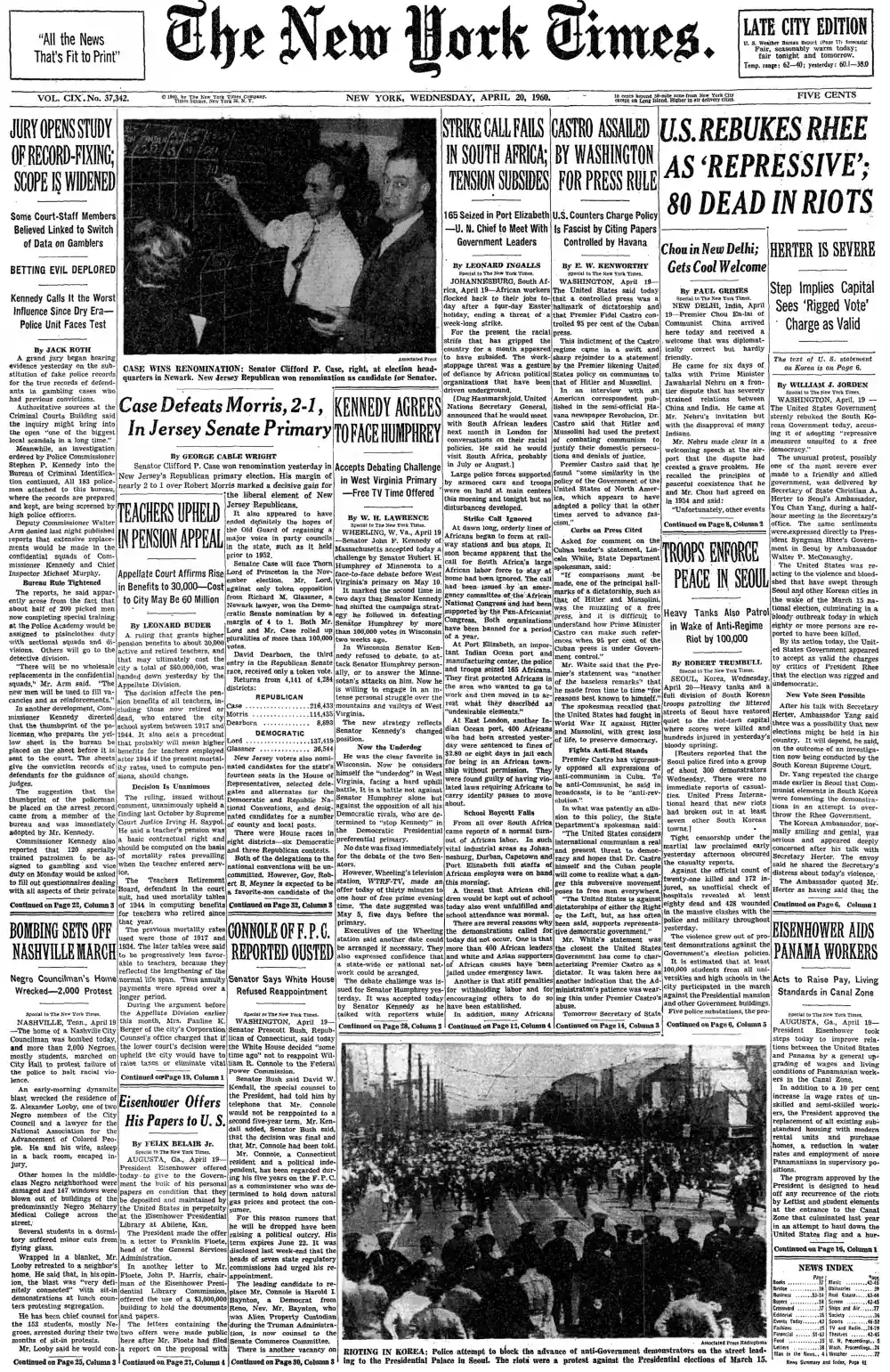 Wednesday, April 20, 1960 – The New York Times Front Page
