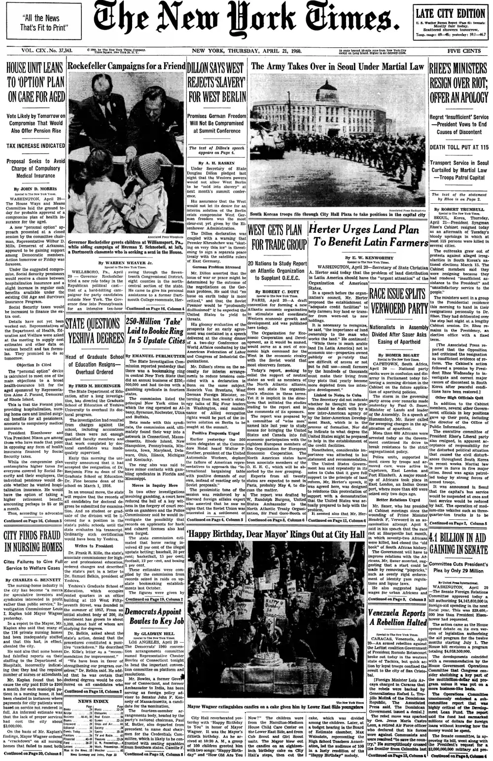 Thursday, April 21, 1960 – The New York Times Front Page