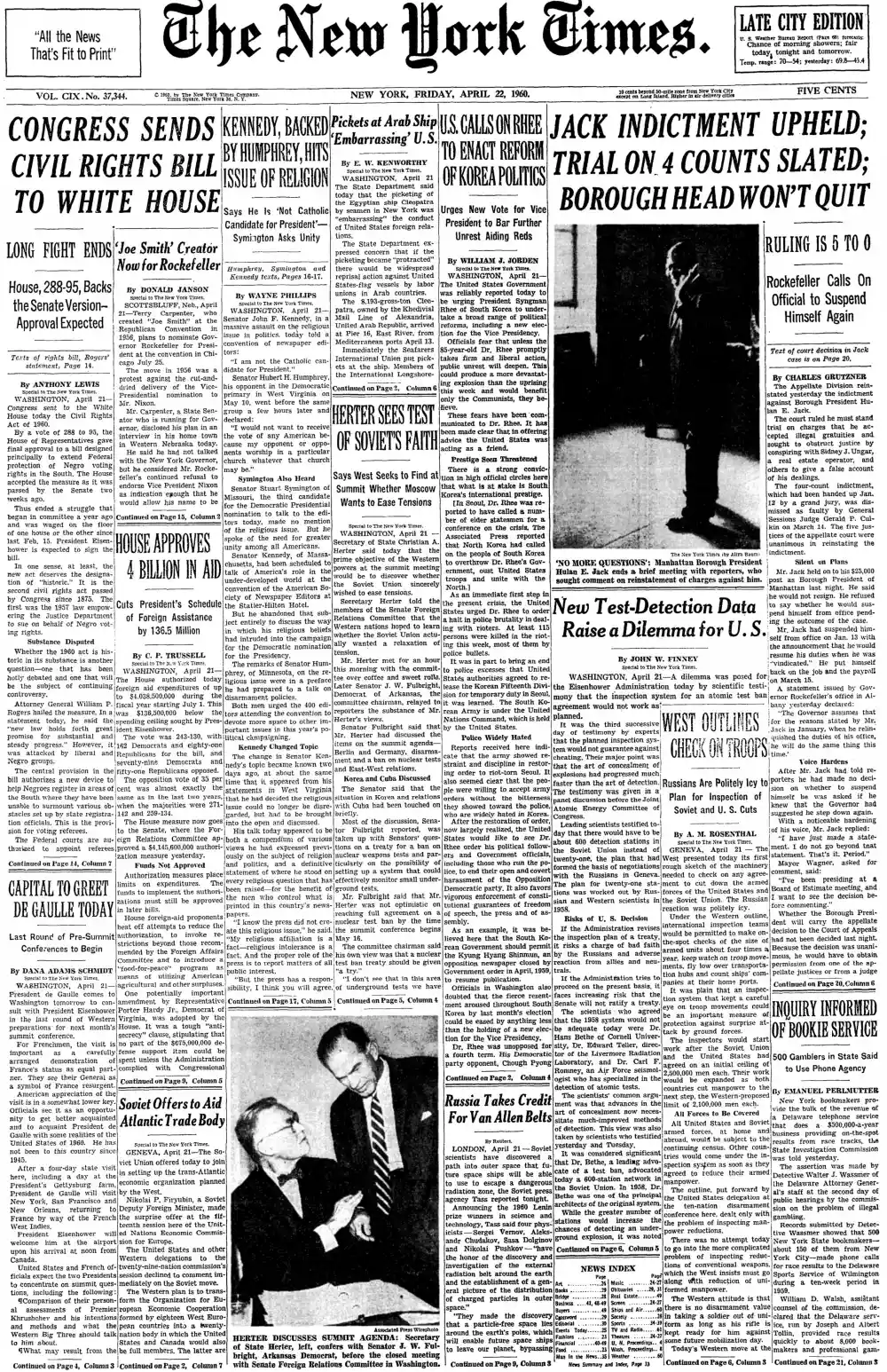 Friday, April 22, 1960 – The New York Times Front Page