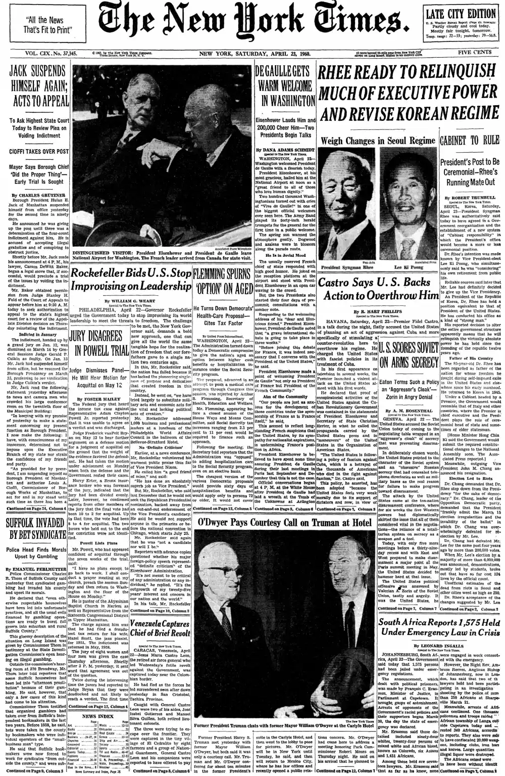 Saturday, April 23, 1960 – The New York Times Front Page