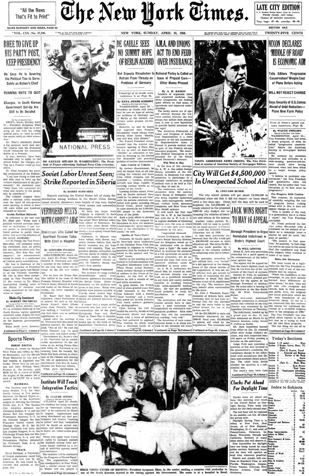 Sunday, April 24, 1960 – The New York Times Front Page