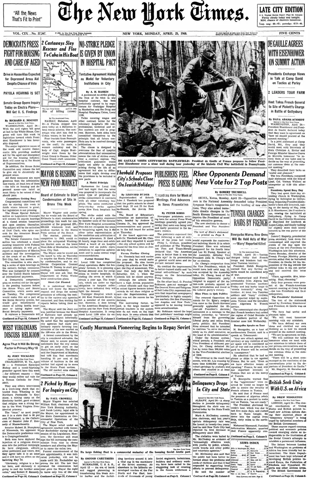 Monday, April 25, 1960 – The New York Times Front Page