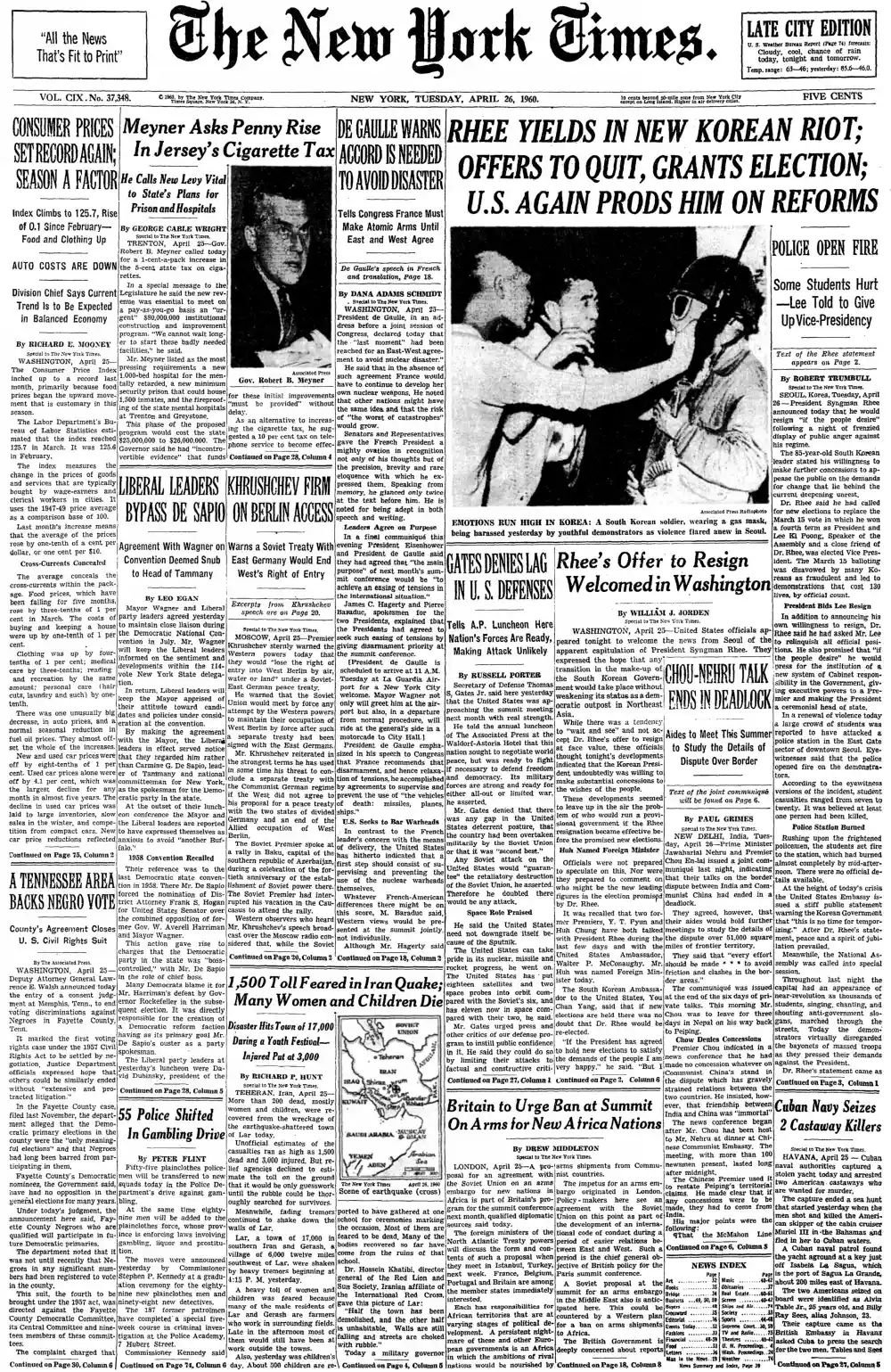 Tuesday, April 26, 1960 – The New York Times Front Page