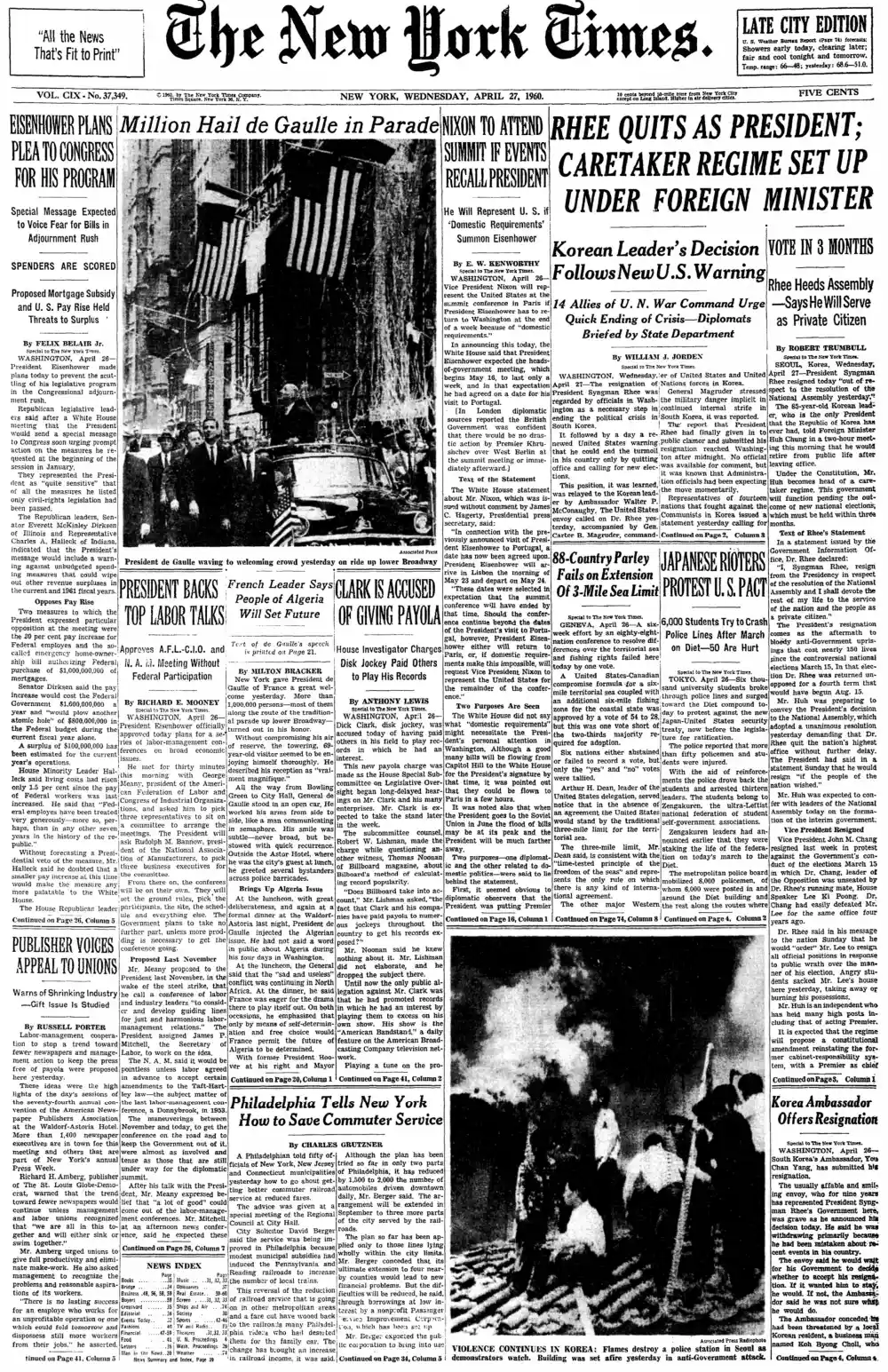 Wednesday, April 27, 1960 – The New York Times Front Page