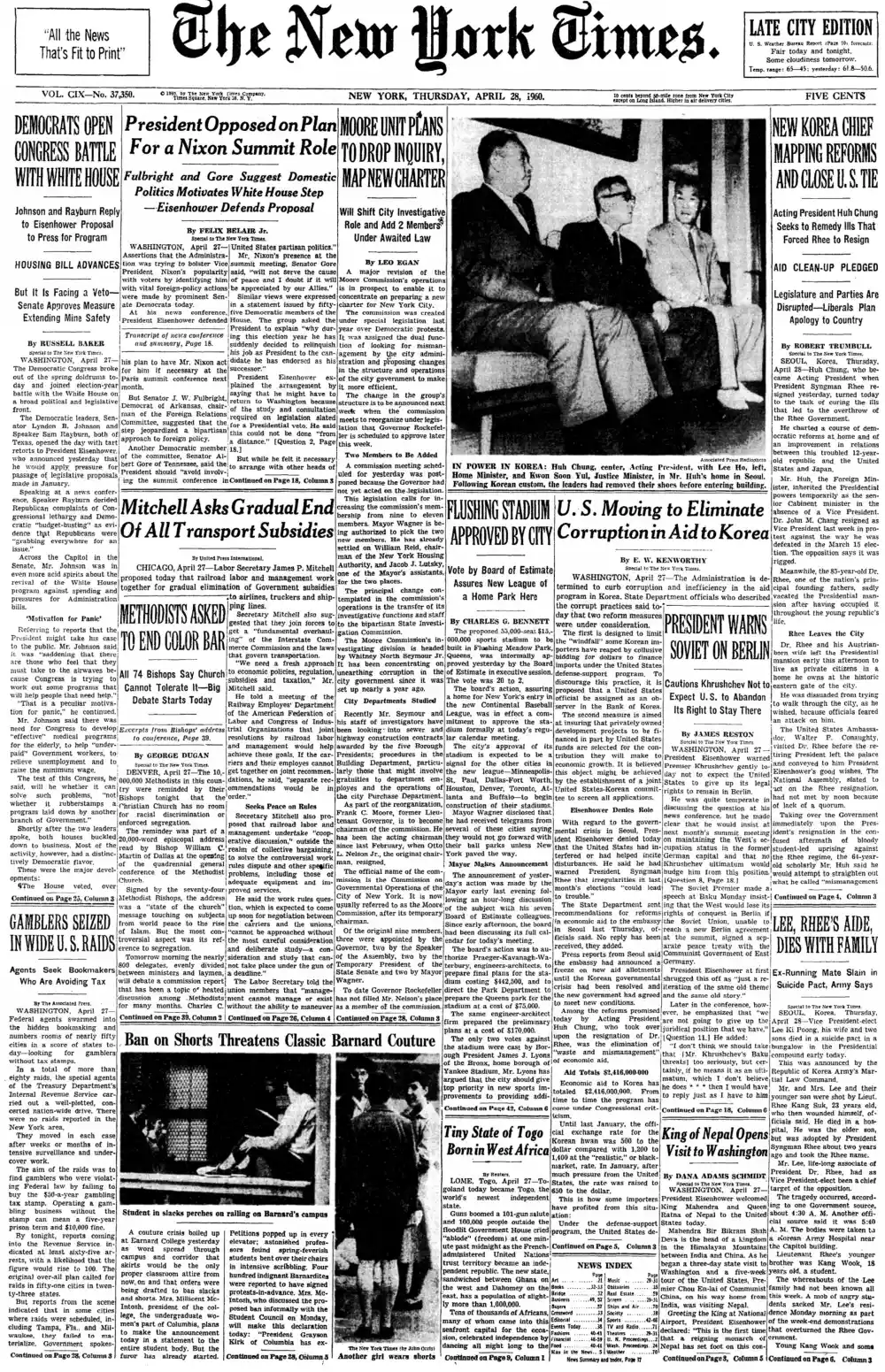 Thursday, April 28, 1960 – The New York Times Front Page
