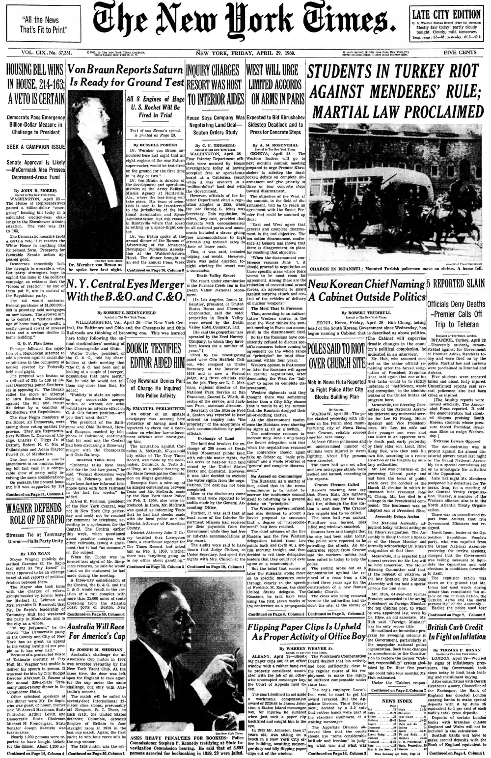 Friday, April 29, 1960 – The New York Times Front Page