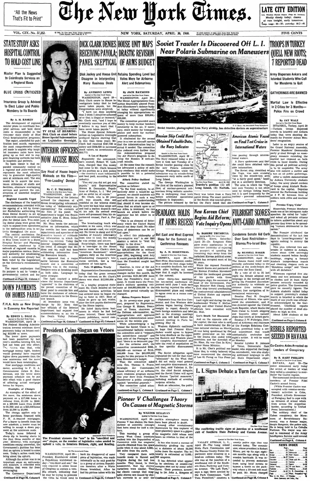 Saturday, April 30, 1960 – The New York Times Front Page
