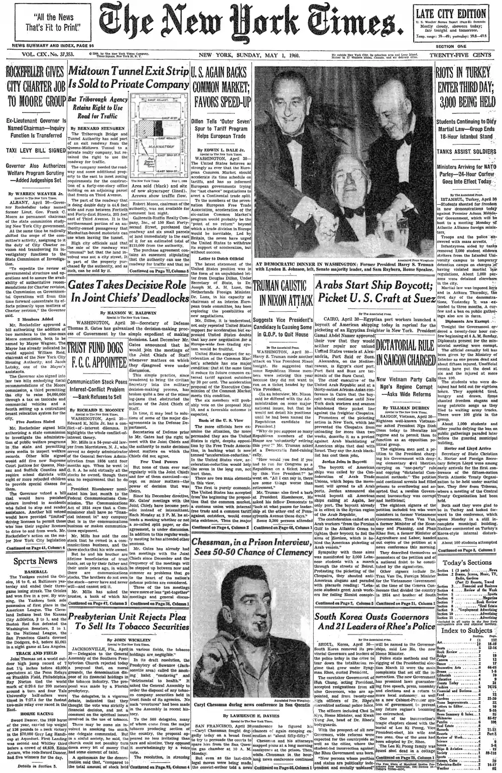 Sunday, May 1, 1960 – The New York Times Front Page