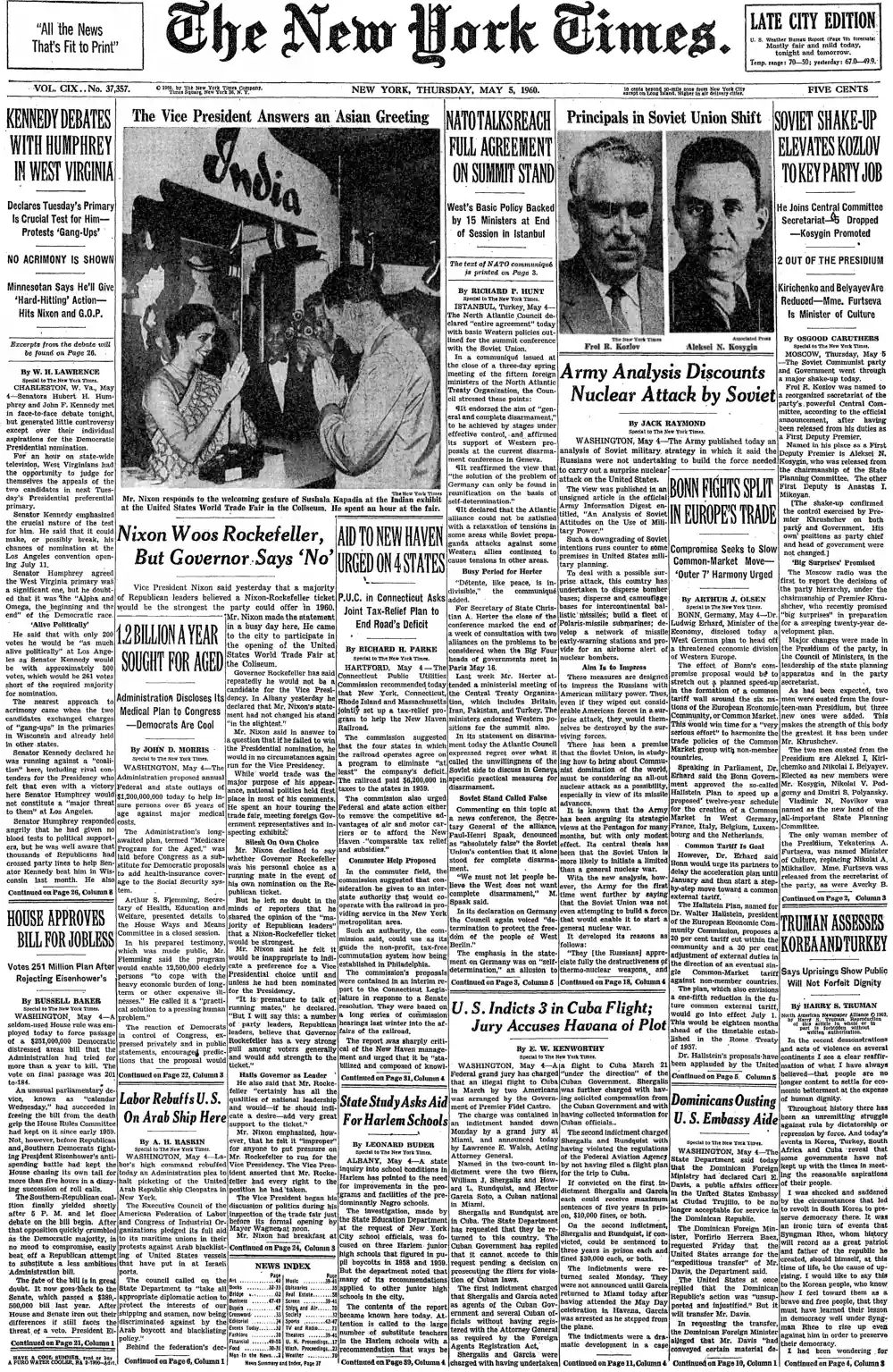 Thursday, May 5, 1960 – The New York Times Front Page
