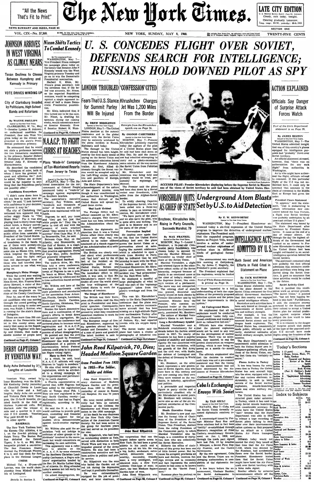 Sunday, May 8, 1960 – The New York Times Front Page
