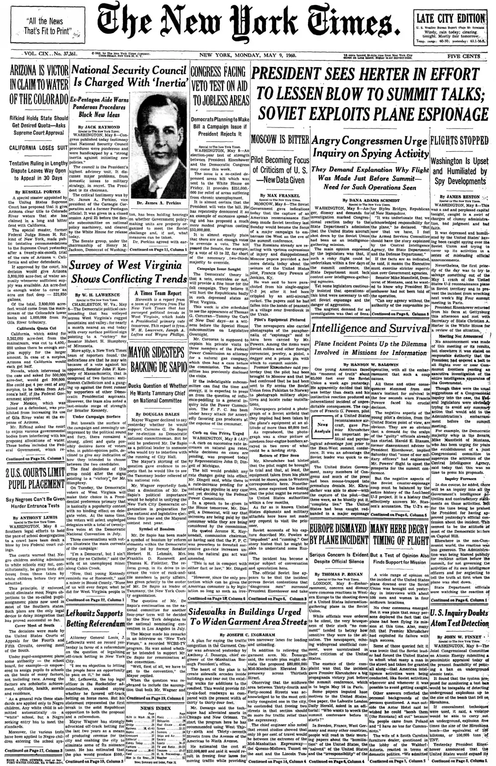 Monday, May 9, 1960 – The New York Times Front Page