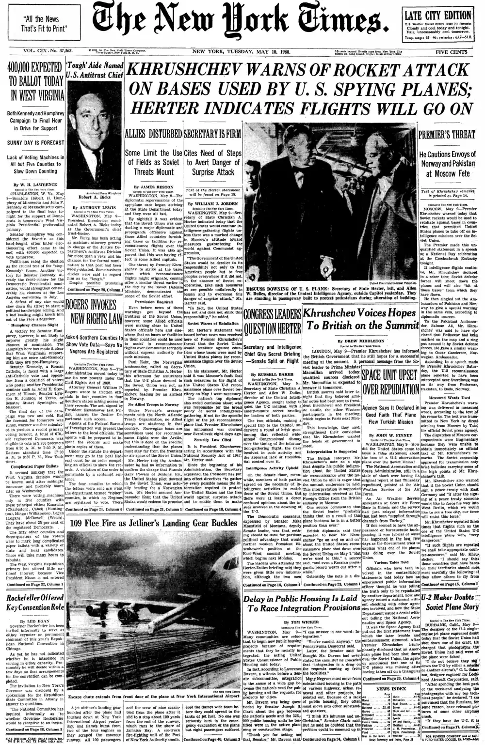 Tuesday, May 10, 1960 – The New York Times Front Page