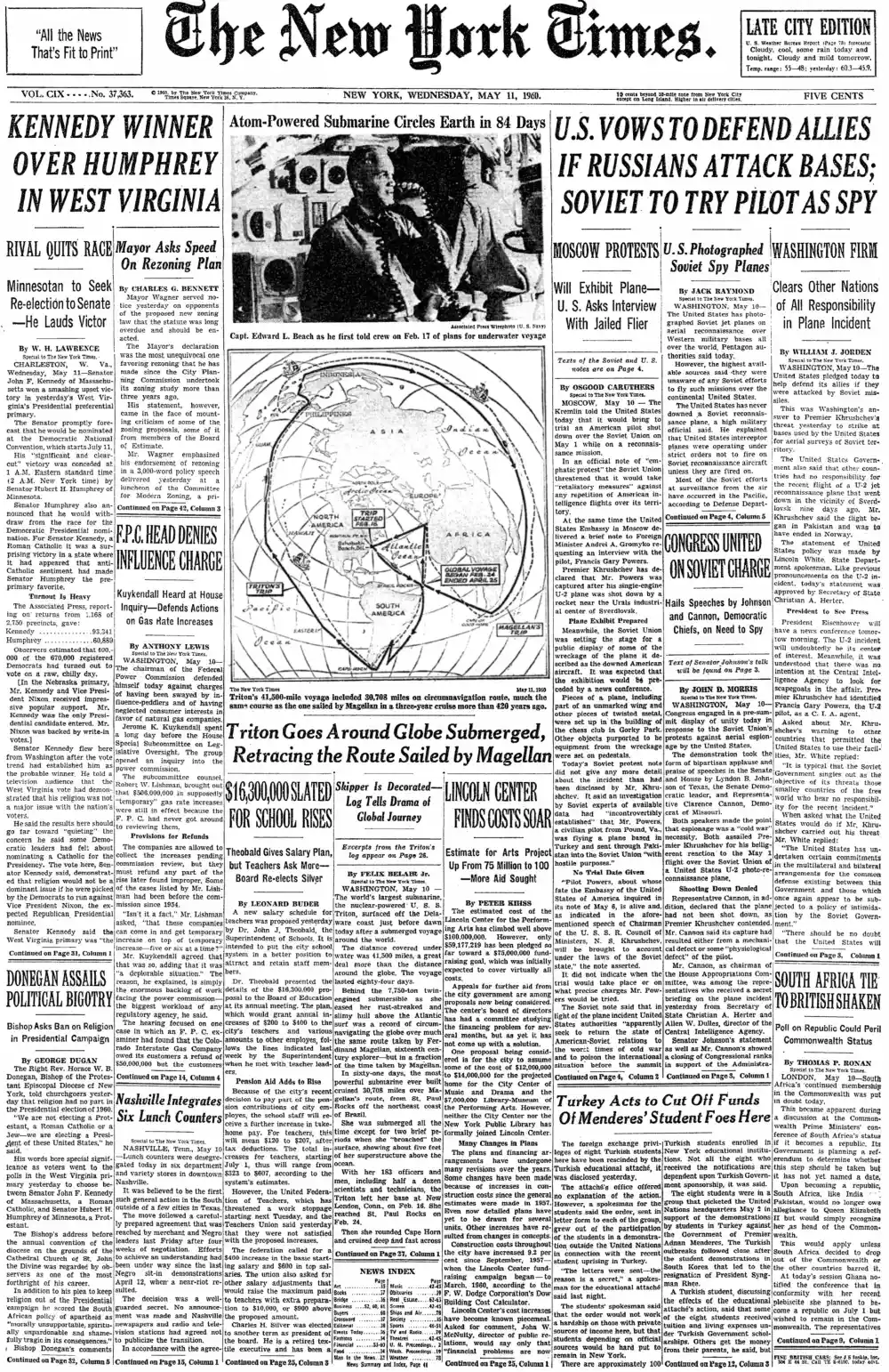 Wednesday, May 11, 1960 – The New York Times Front Page