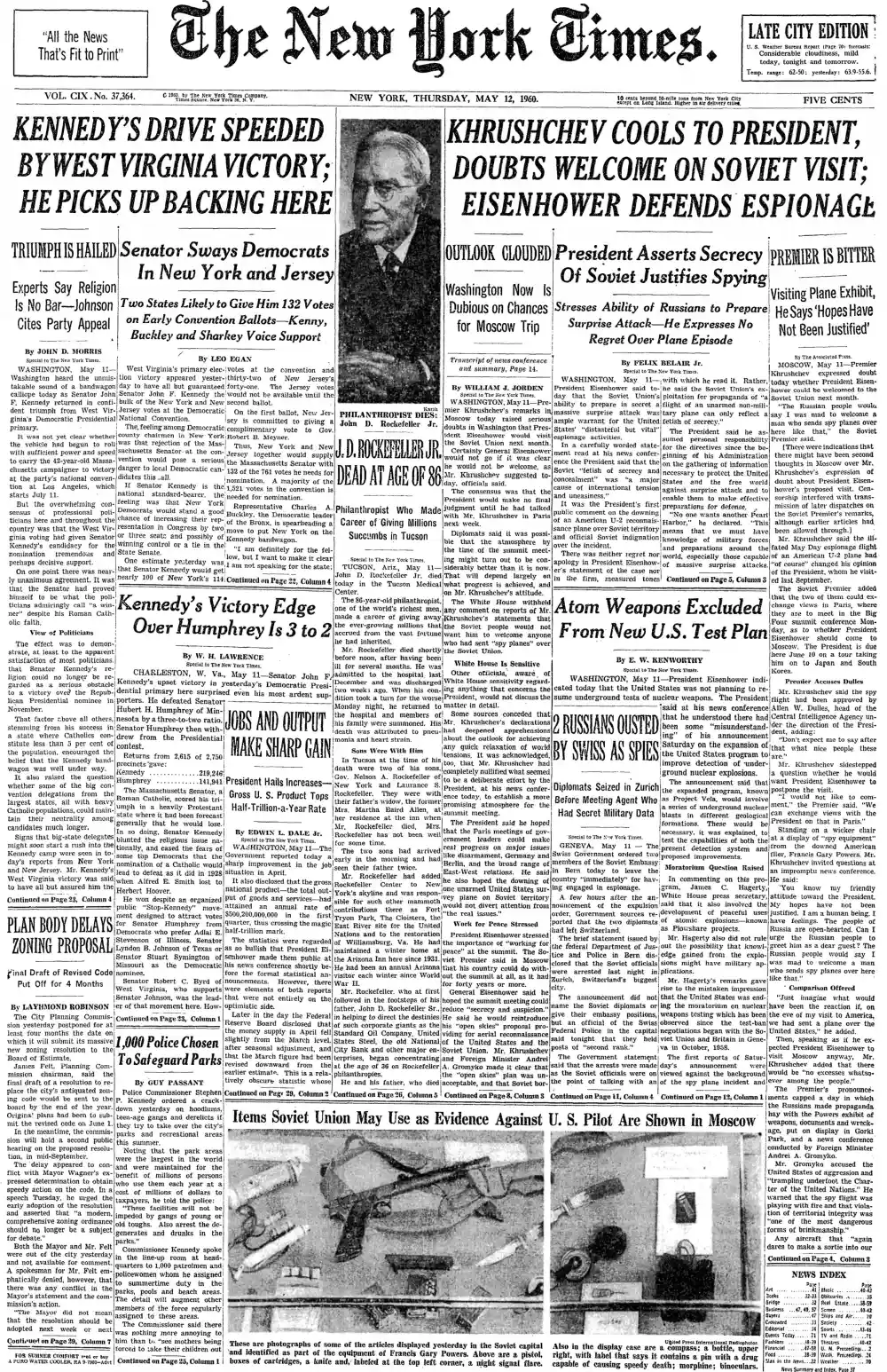Thursday, May 12, 1960 – The New York Times Front Page