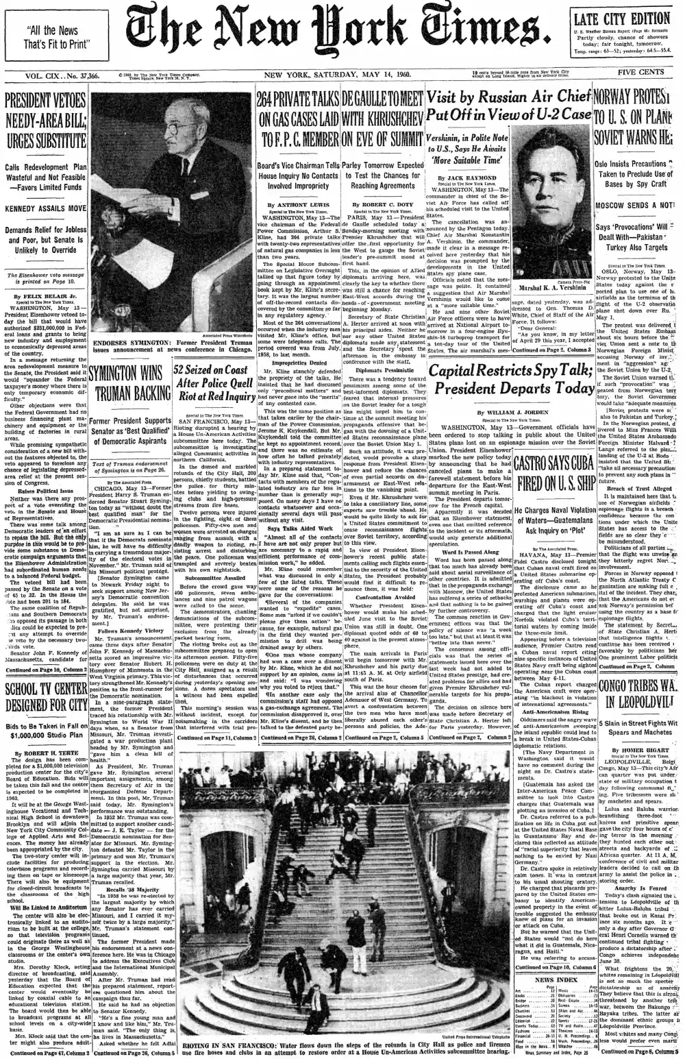 Saturday, May 14, 1960 – The New York Times Front Page