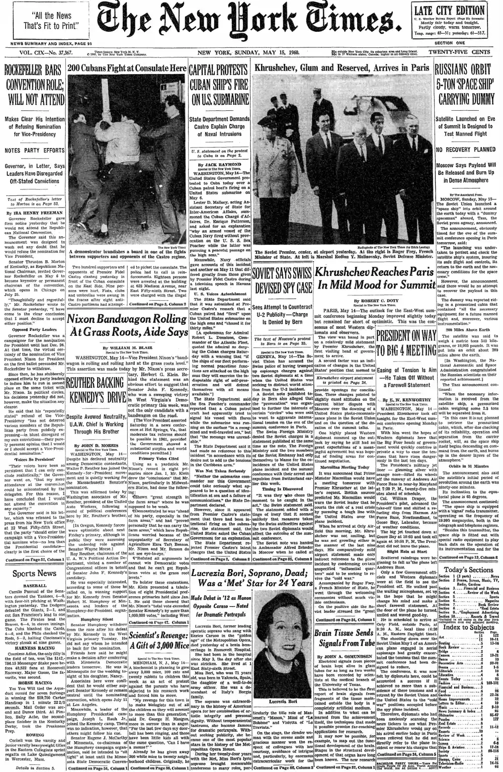 Sunday, May 15, 1960 – The New York Times Front Page