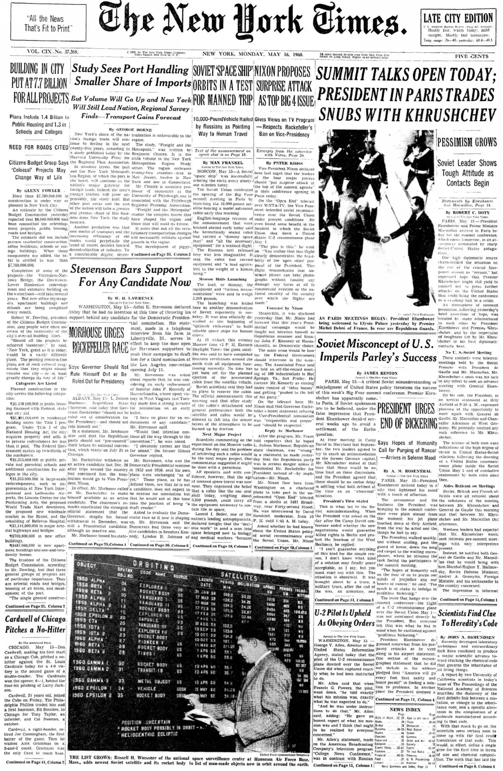 Monday, May 16, 1960 – The New York Times Front Page
