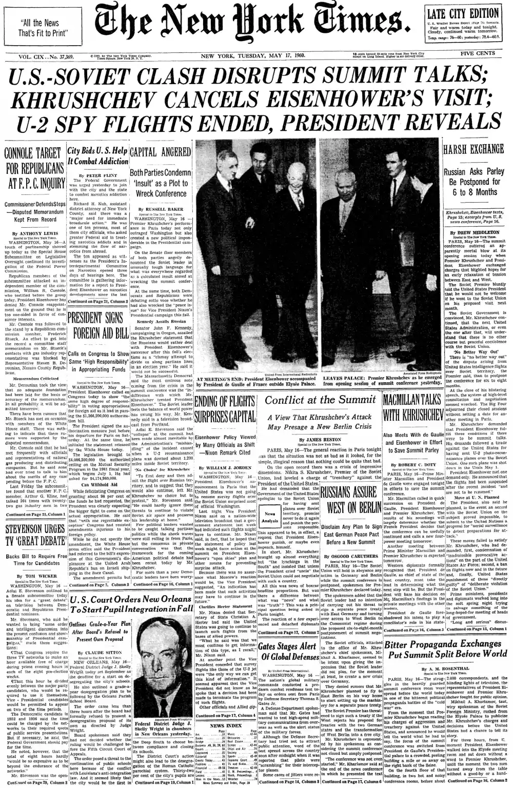 Tuesday, May 17, 1960 – The New York Times Front Page