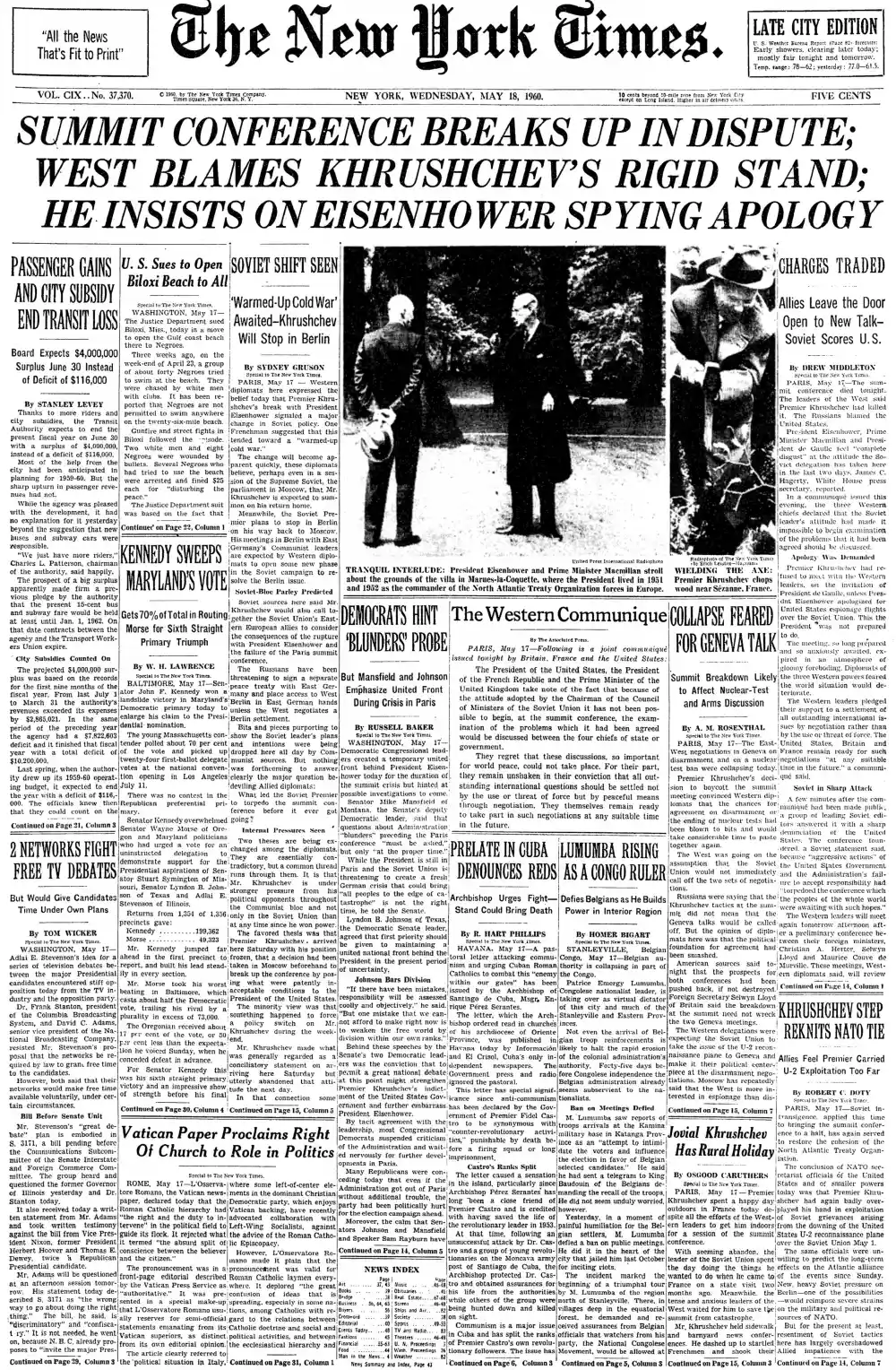Wednesday, May 18, 1960 – The New York Times Front Page