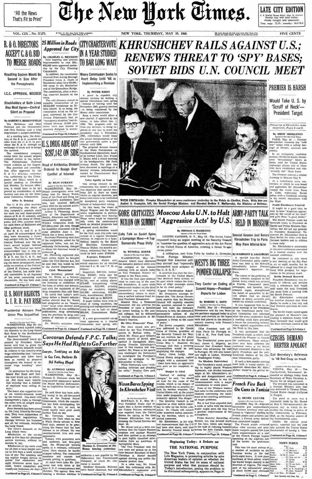 Thursday, May 19, 1960 – The New York Times Front Page
