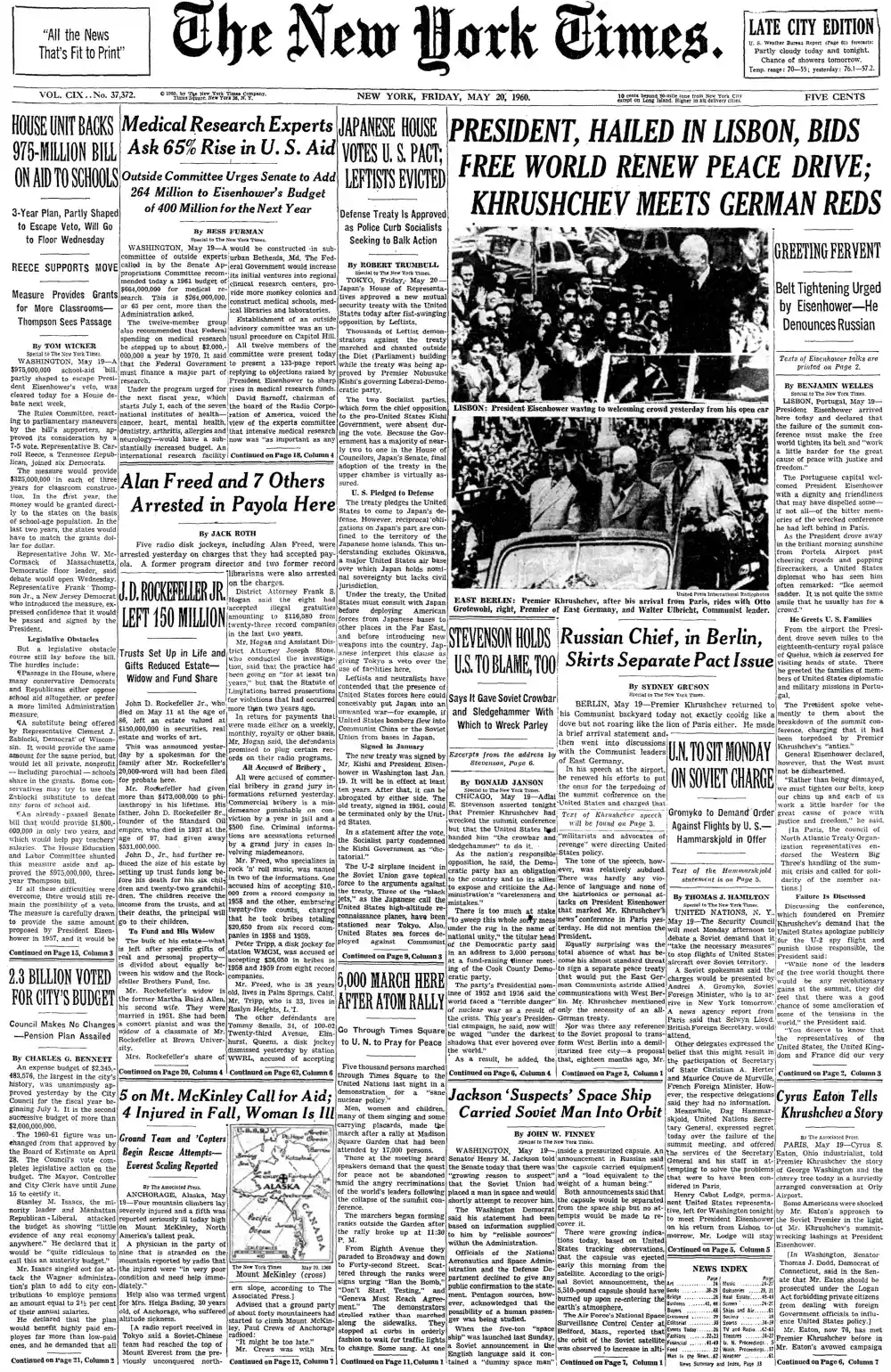 Friday, May 20, 1960 – The New York Times Front Page