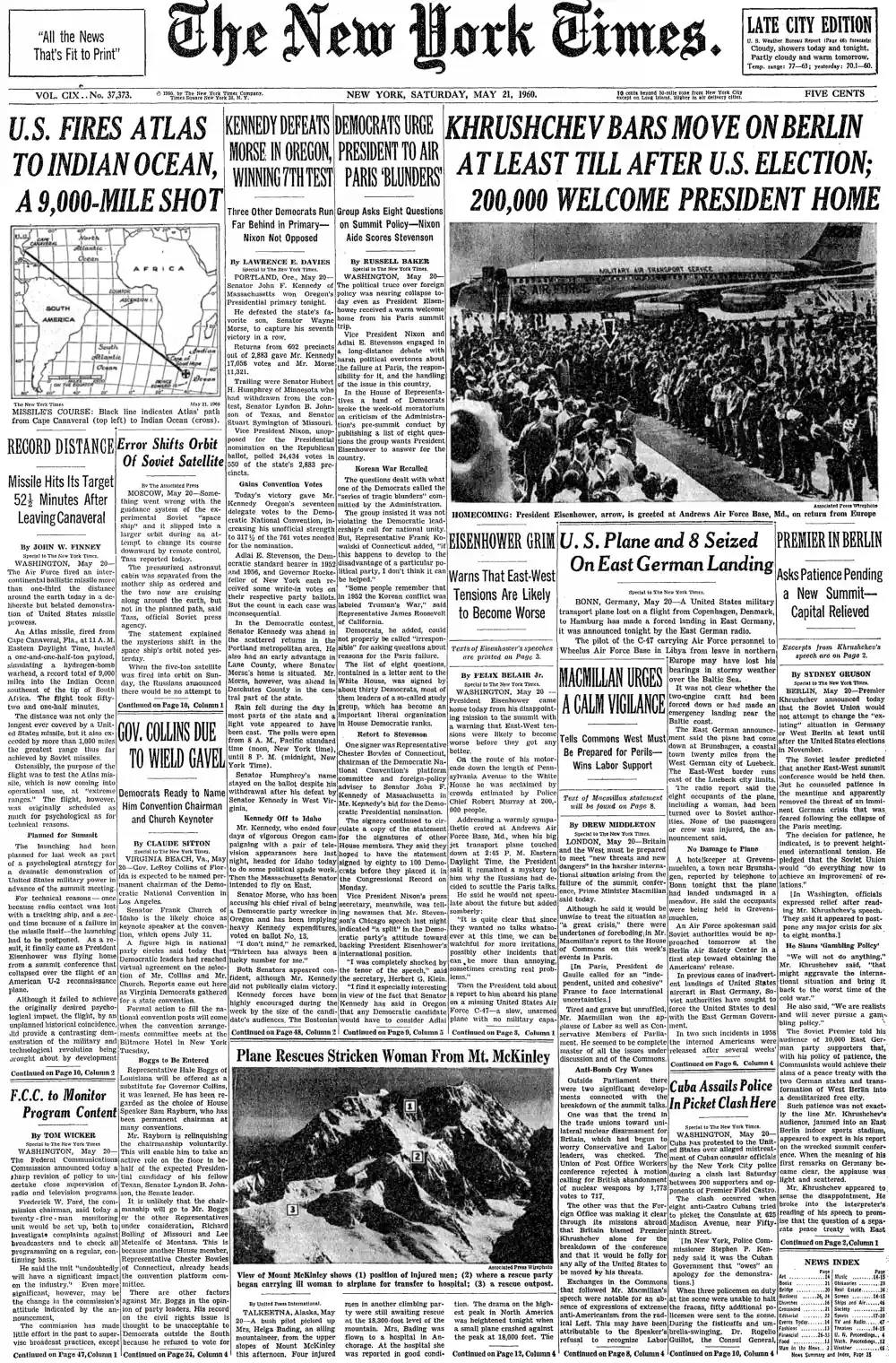 Saturday, May 21, 1960 – The New York Times Front Page