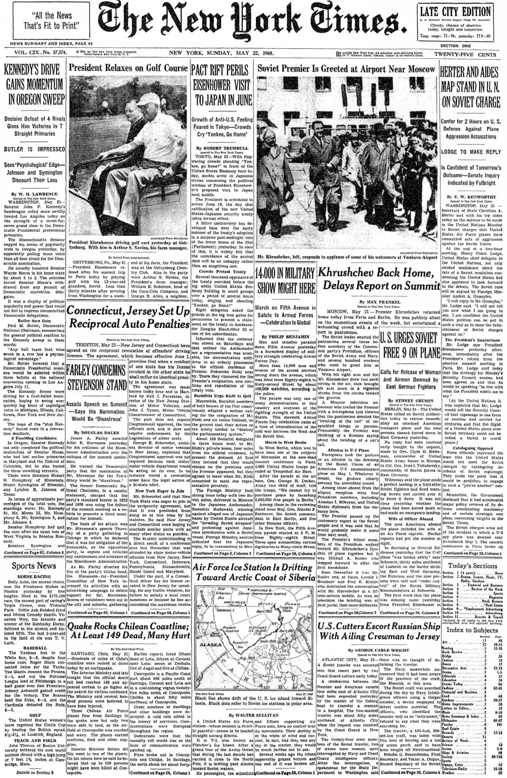 Sunday, May 22, 1960 – The New York Times Front Page