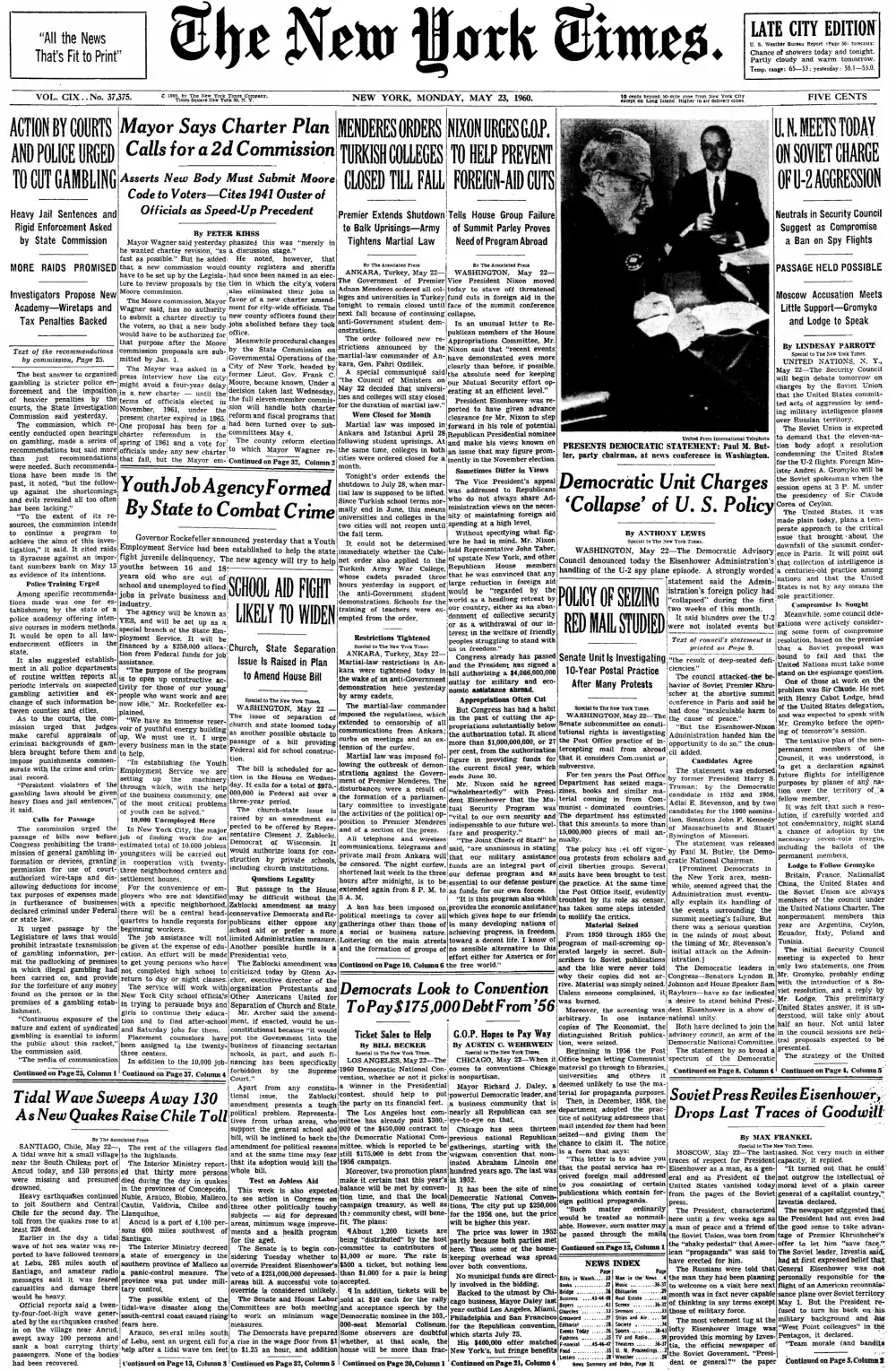 Monday, May 23, 1960 – The New York Times Front Page