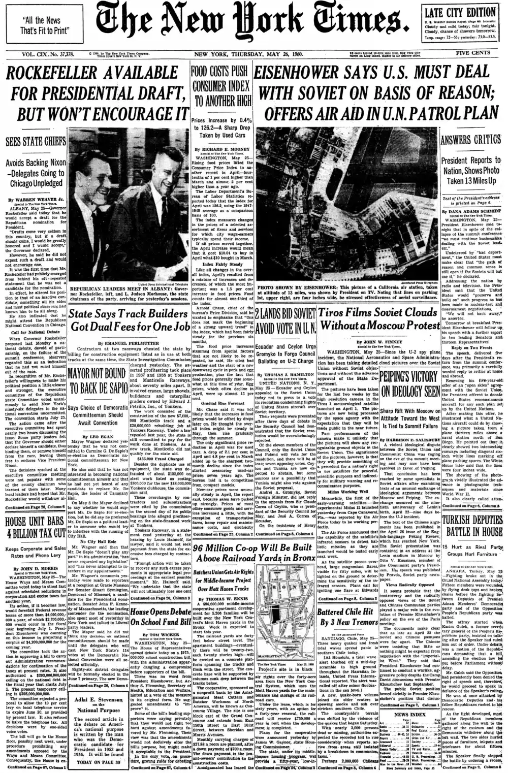 Thursday, May 26, 1960 – The New York Times Front Page
