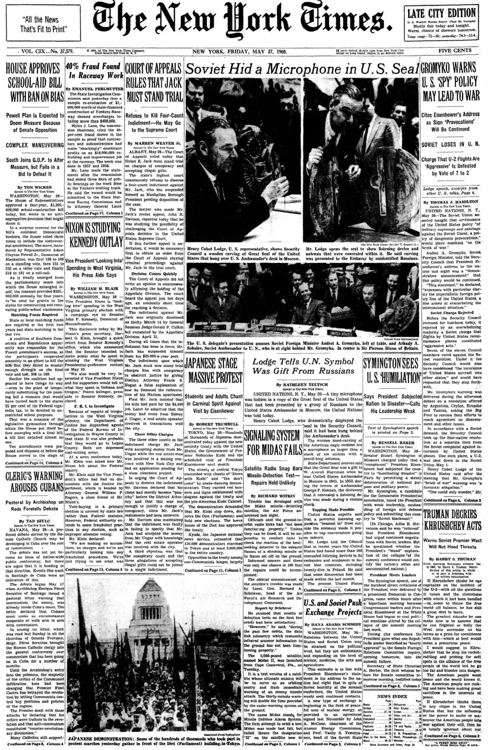 Friday, May 27, 1960 – The New York Times Front Page